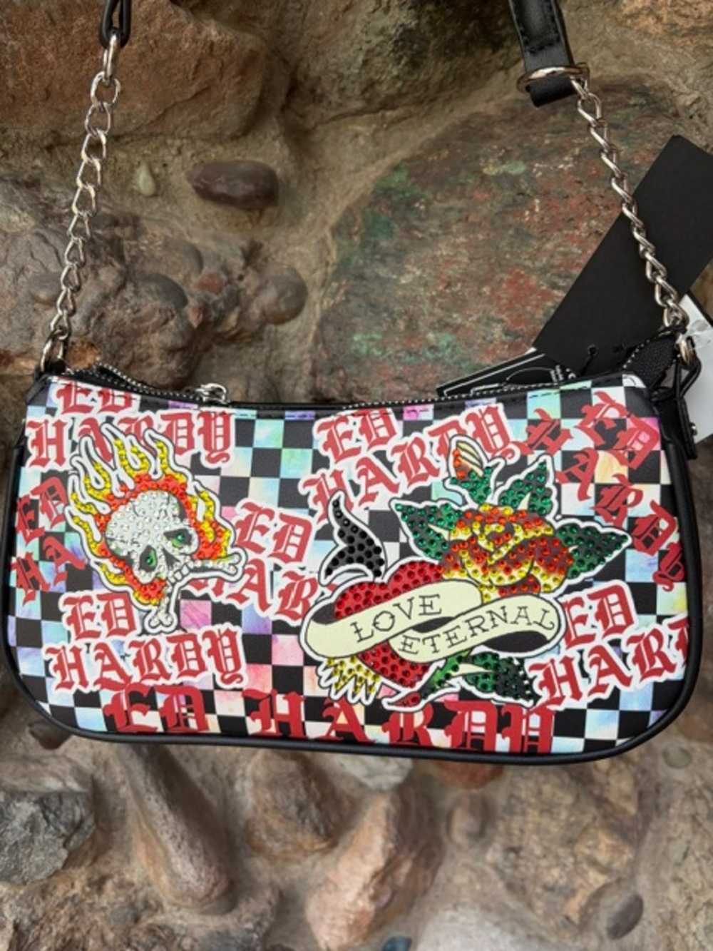 Ed Hardy Black Checkered 'Love Eternal' Embellished Mini Shoulder Bag